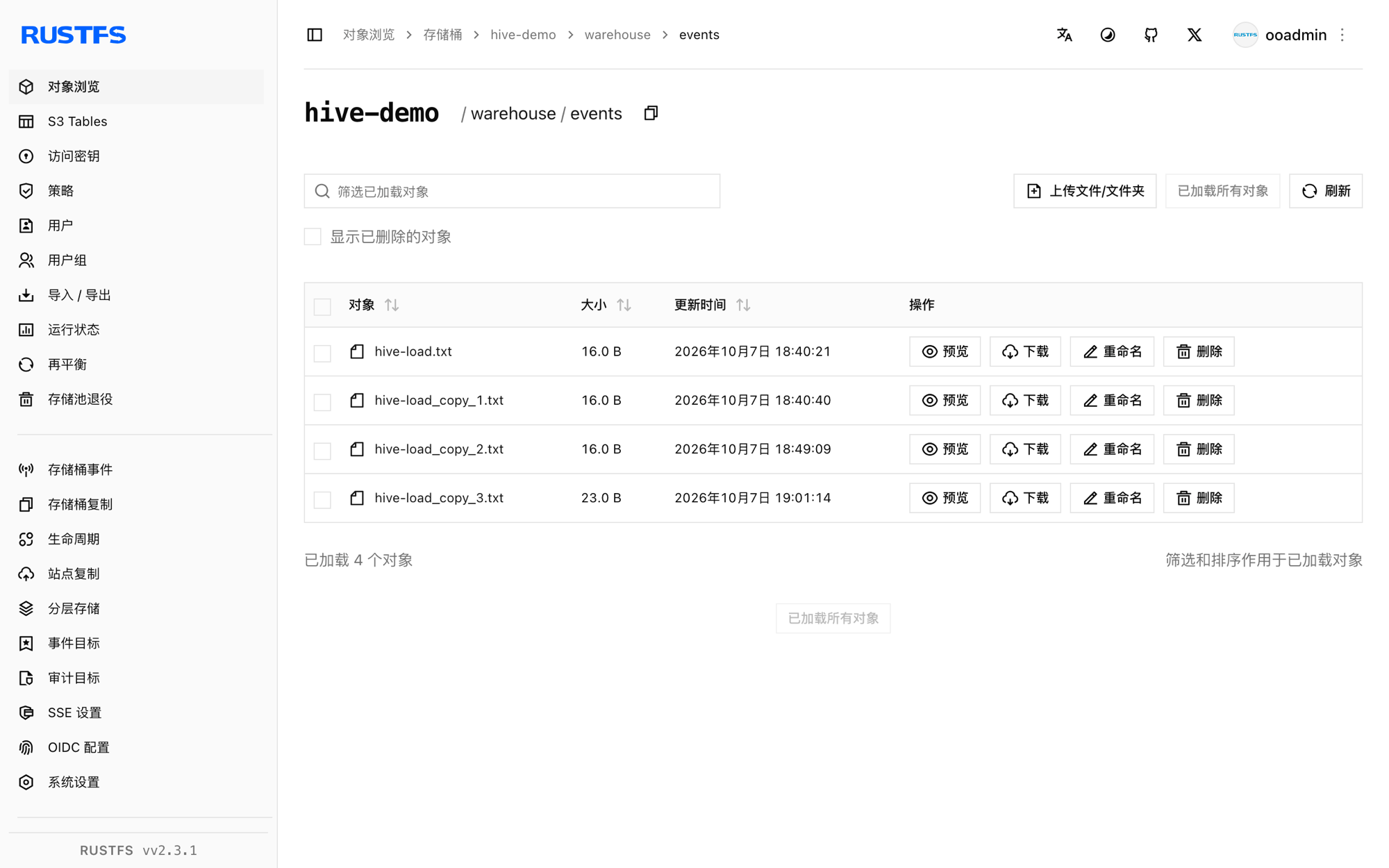 存储在 RustFS 控制台中的 Hive 仓库文件