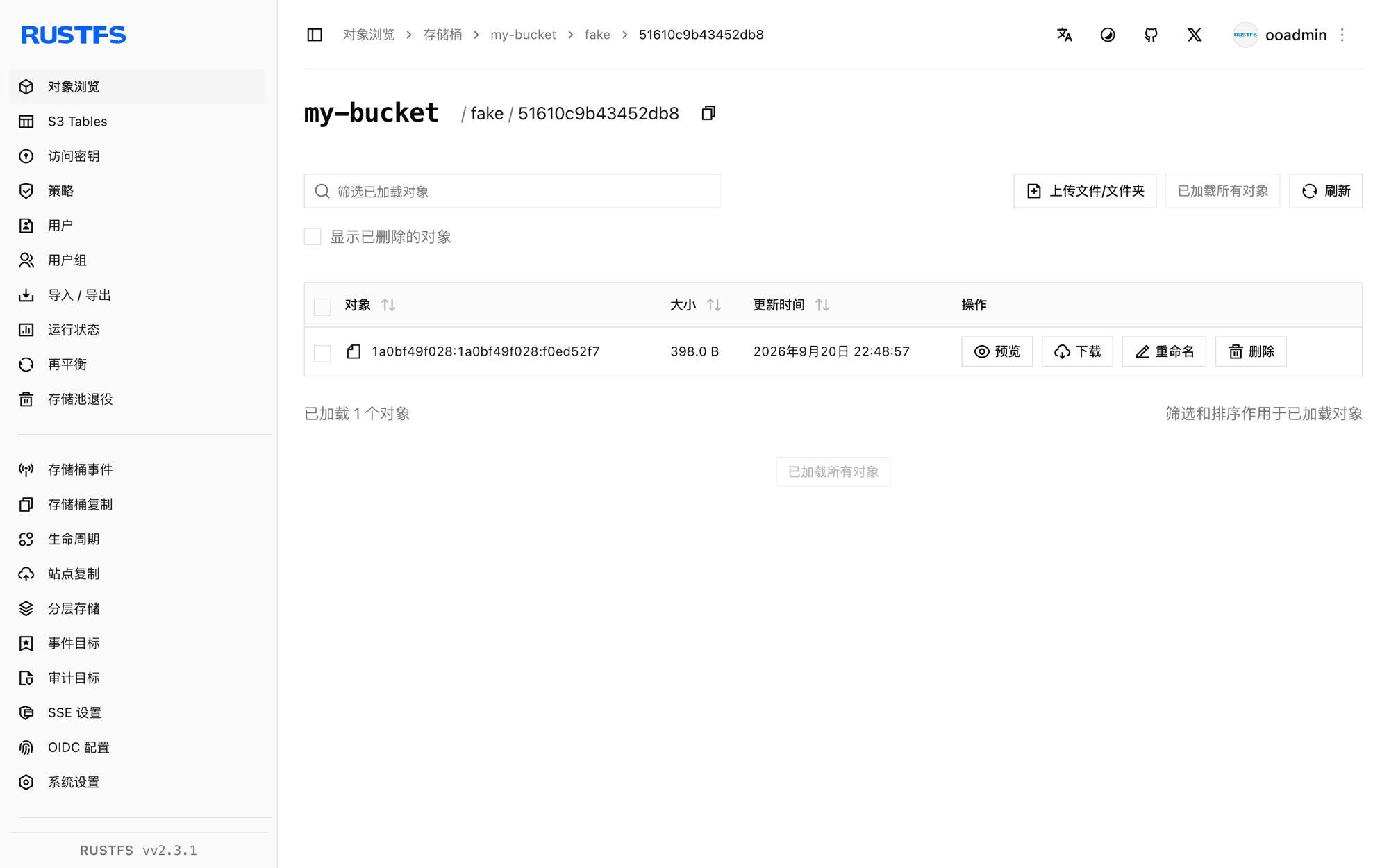 RustFS 控制台中存储的 Loki 日志 chunk