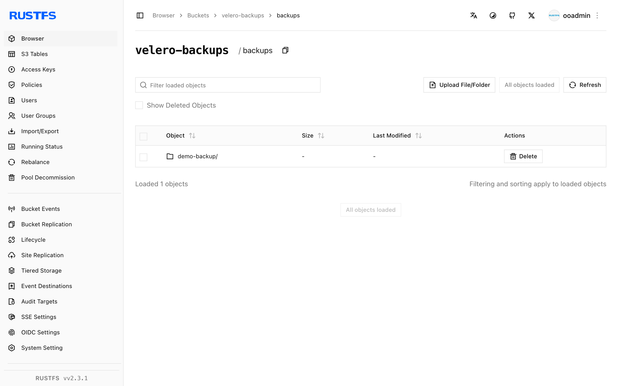 Velero backups stored in the RustFS Console